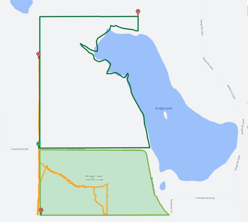PNT Portion (north, dark green line) and OC (south, light green line) along with the trace of the route taken on 2023-10-01.