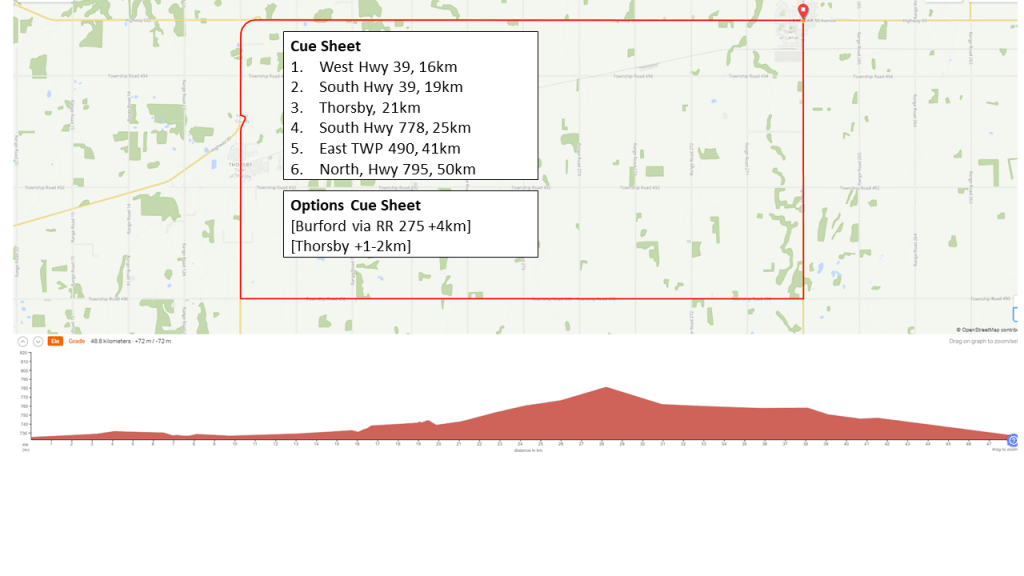 Map showing 50km loop running counter-clockwise out of Calmar