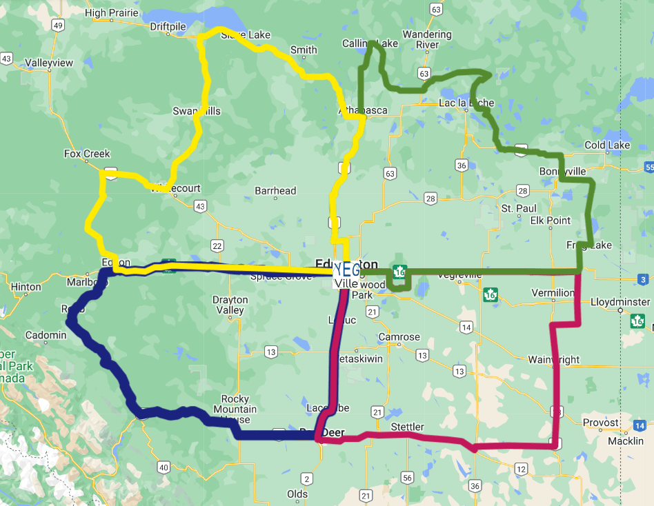 YEGVille Quadrants: About 2 hours driving from Edmonton. Also see Cycling and Beyond YEGVille.