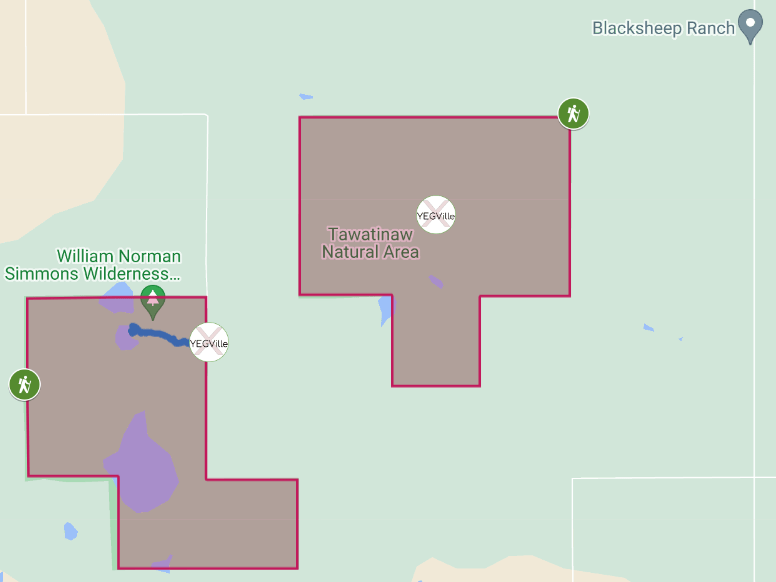 Route map for Tawatina with the green hikers showing future possible access points, P. Potter.