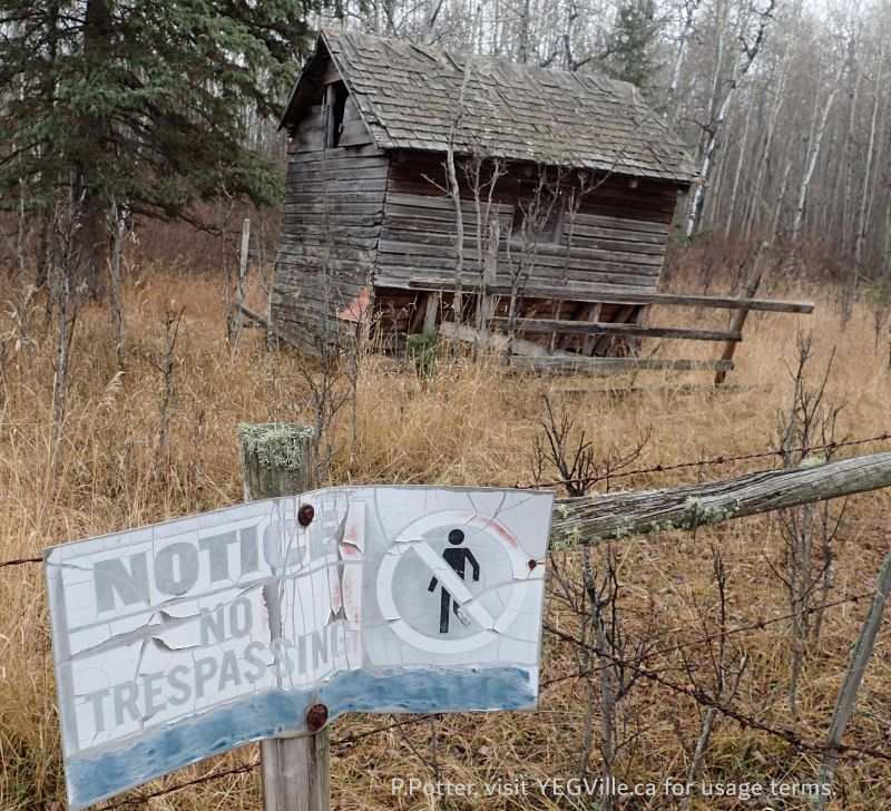 A dilapidated outbuilding on the adjoining property to the East, Halfway Lake Natural Area, 2024-04-06, P. Potter.