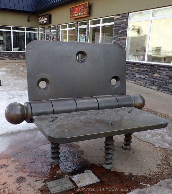 Butt Hinge Art Work in Front of Jack's Burgers, looking North from Perron St., St. Albert Hx Tour, 2025-03-25, P. Potter.