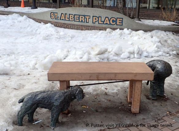 Hide and Seek (1994), Barbara Paterson, in front of St. Albert Place, St. Albert Hx Tour, 2025-03-25, P. Potter.
