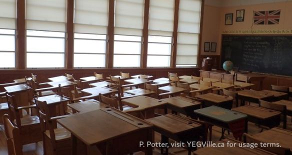Interior of the Little While School House, St. Albert Hx Tour, 2025-03-25, P. Potter.