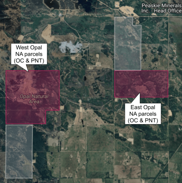 Order in Council (Red) and Protected Notation (Grey) parcels making up the East and West portions of the Opal NA.