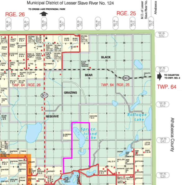 Approximate boundaries of the site (magenta lines) relative to nearby Crownland; image courtesy of Westlock County Map, Spruce Island Lake NA.