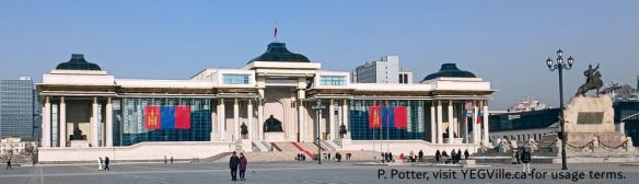 Sükhbaatar Square, looking North toward the parliament building, Ulaanbaatar Mongolia, 2025-11-21, P. Potter.
