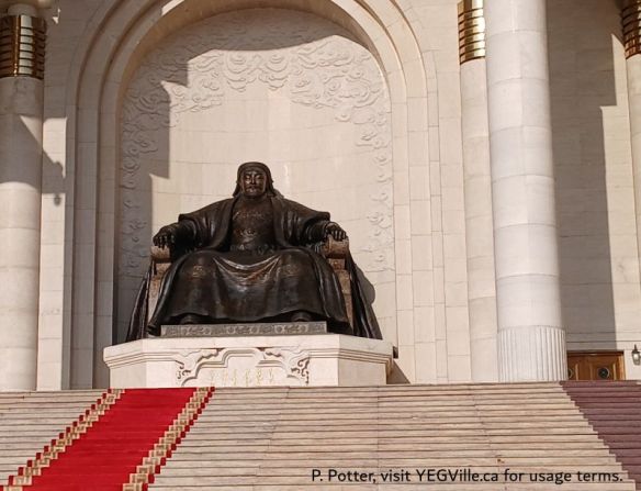 Statue of Chinggis Khan in front of the parliament building, Ulaanbaatar Mongolia, 2025-11-21, P. Potter.