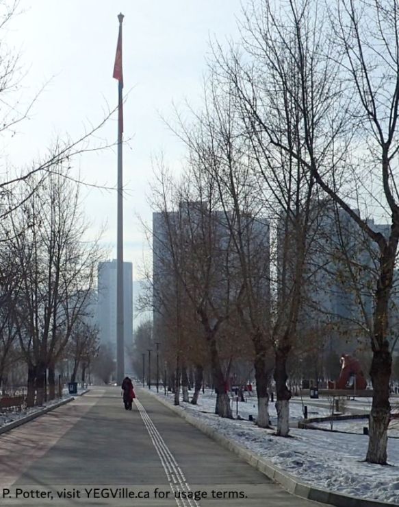 Looking South towards the National Flag Pole which stands 60M high, located in the Ulaanbaatar Park, Mongolia, 2025-11-22, P. Potter.