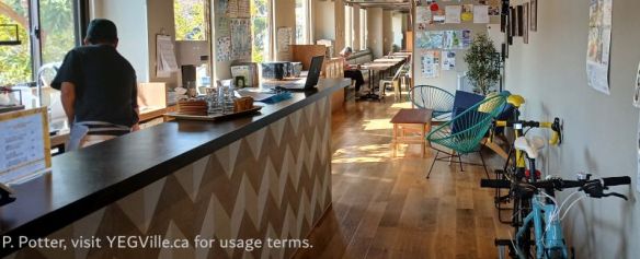 Sunny and well lit cafe, 2026-04-02, I-Link Hostel Oshima, P. Potter.