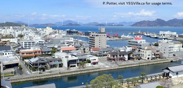 Looking NW towards the last bridge, note the saltwater moat in the foreground, 2026-04-05, Imabari Castle, P. Potter.