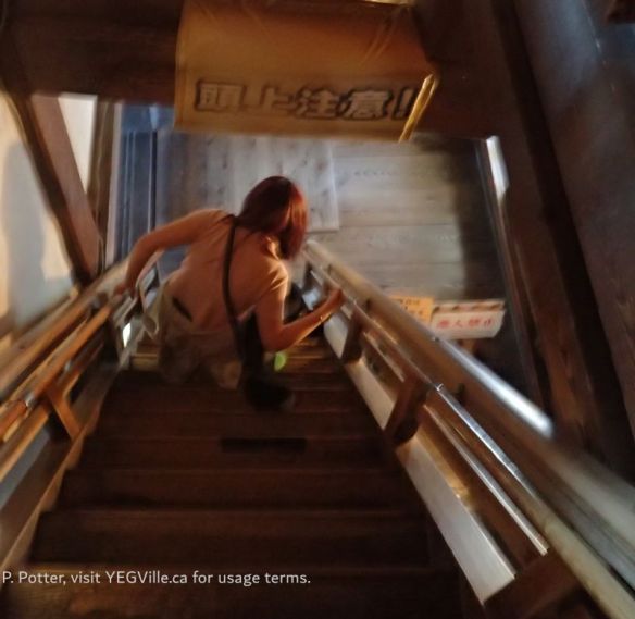 A steeply inclined stairway leading from the top floor, 2026-04-08, Matsuyama Castle, P. Potter.
