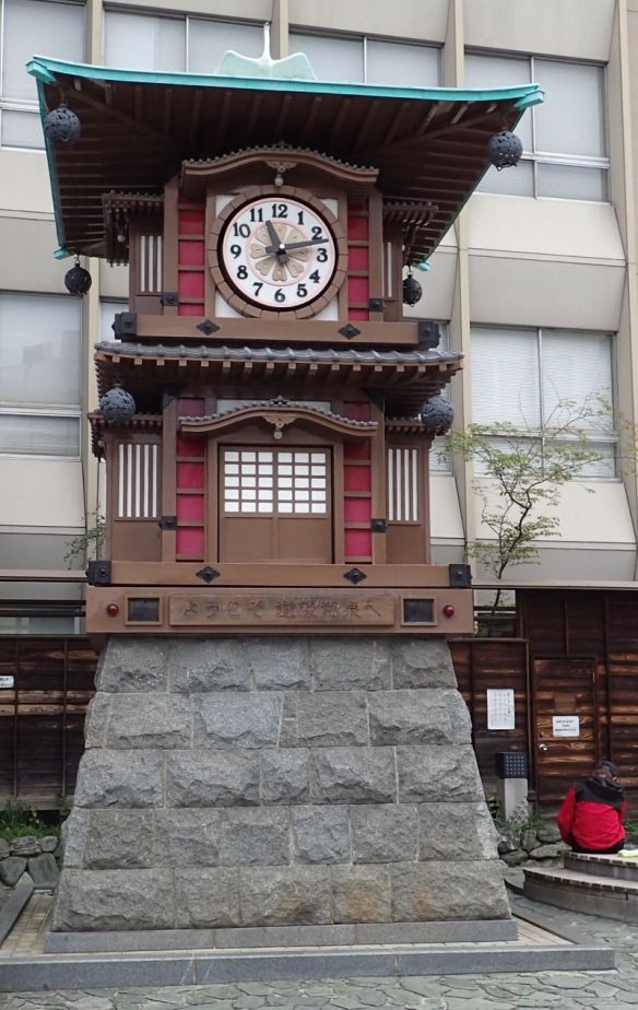 Botchan Karkuri Clock next to the Dogo Onsen Honkan (hot spring), it rises up, plays music and displays characters from the novel, Botchan, 2026-04-09, Matsuyama and area, P. Potter.