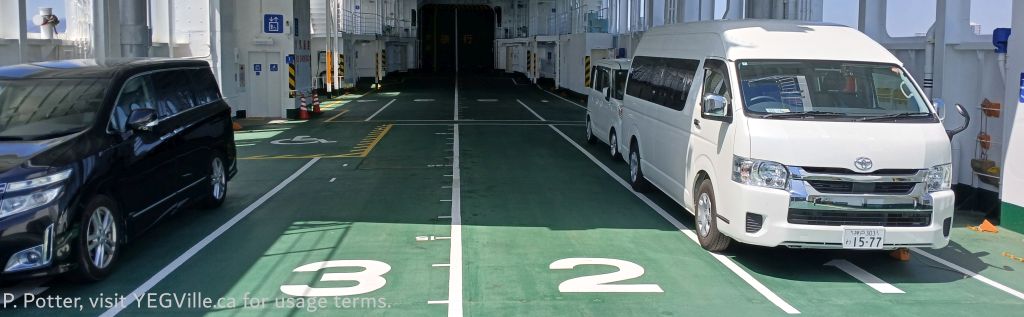 Helga is one of only three vehicles making the crossing, Ferry to Hiroshima, 2026-04-11, P. Potter.