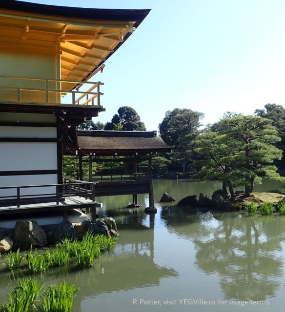 Reflections in the calm pond and stepping stone islands, 2026-04-16, Kinkaku‑ji (Golden Pavilion), P. Potter.