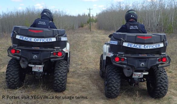 Garnet and Wade, County Peace Officers, taking a swing through the NA while patrolling nearby County land, NW of Bruderheim (West Parcel), 2026-05-05, P. Potter.